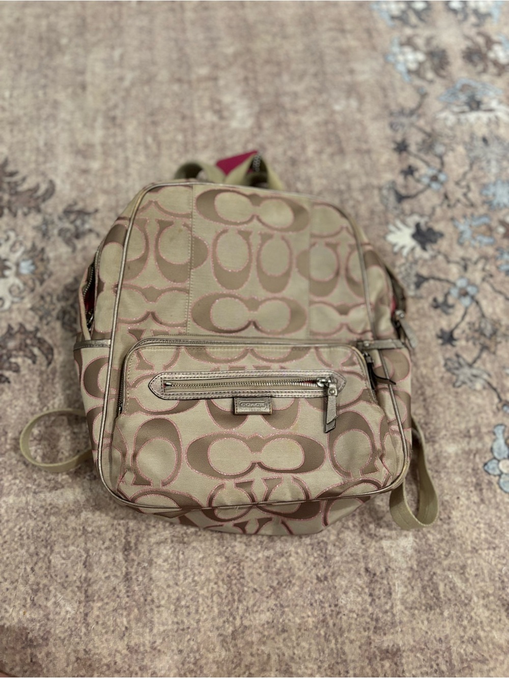 Coach Beige and Pink Signature Canvas Backpack